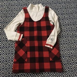 Roots Girls Cabin Red Check plaid dress jumper & cream mock neck top